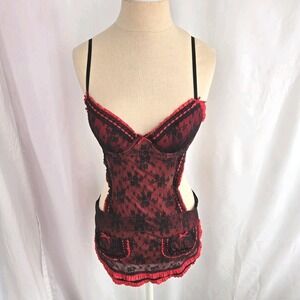 Victoria's Secret Lace Apron Top Size 34B Push Up Black Red Lingerie Sexy Maid